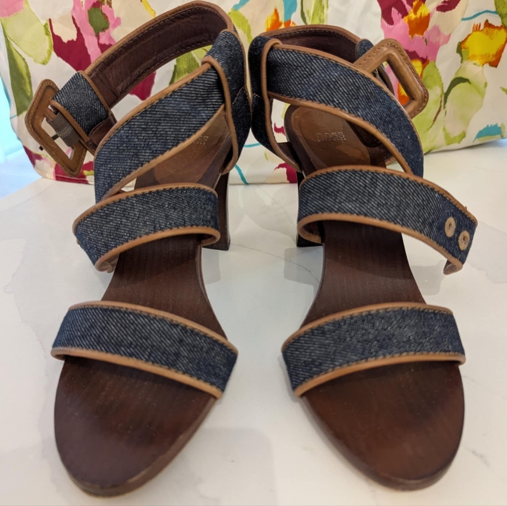 Hugo Boss Denim and leather Strappy Sandals with Buckle
